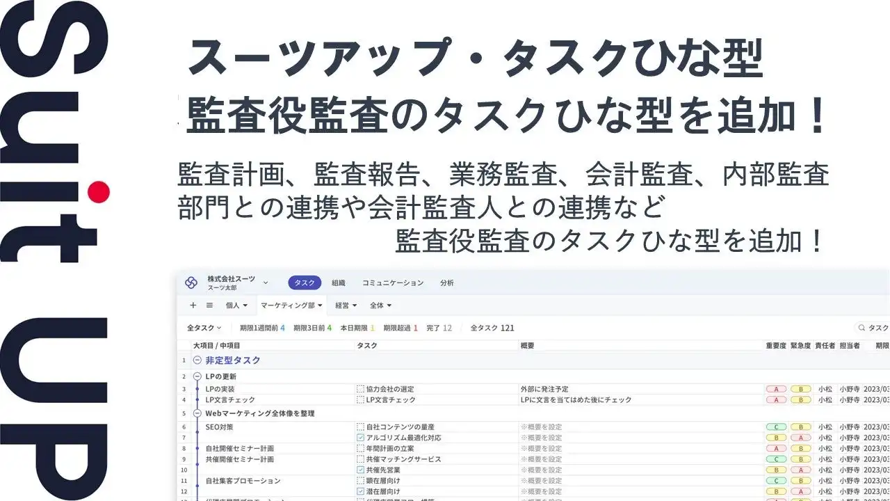 株式会社スーツ、タスク管理ツール「スーツアップ」に監査役監査タスクひな型を追加、業務効率化を実現