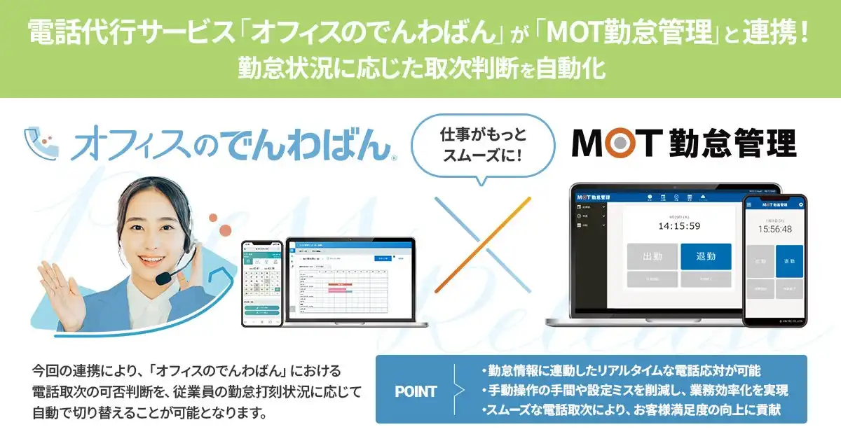 バルテック、電話代行サービス「オフィスのでんわばん」と勤怠管理システム「MOT勤怠管理」を連携開始、業務効率化と顧客満足度向上を実現