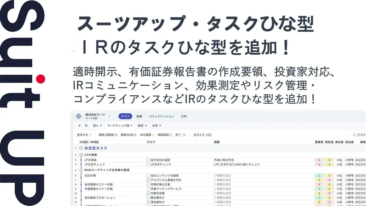 株式会社スーツ、タスク管理ツール「スーツアップ」にIRタスクひな型を追加、中小企業の業務効率化を支援