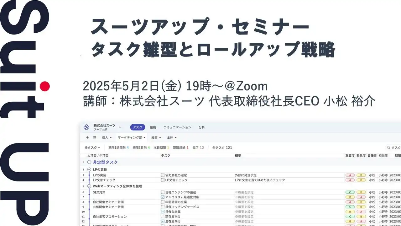 スーツが中小企業向けタスク管理セミナー開催、タスク雛型とロールアップ戦略を解説