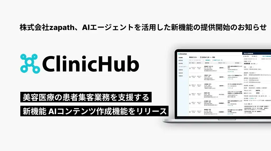 zapath社、美容医療向けAIエージェント『ClinicHub』に広告コンテンツ自動作成機能追加